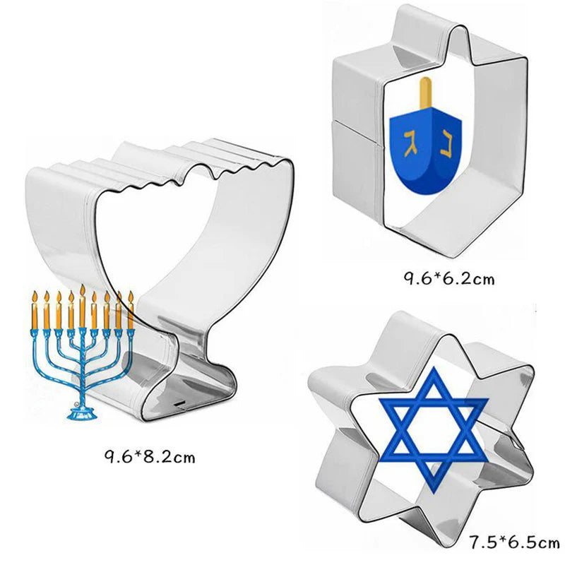 “3‑Pack Hanukkah Cookie Cutters – Menorah, Dreidel & Star Stainless Steel Set