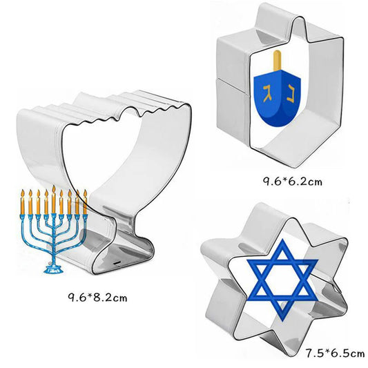 “3‑Pack Hanukkah Cookie Cutters – Menorah, Dreidel & Star Stainless Steel Set