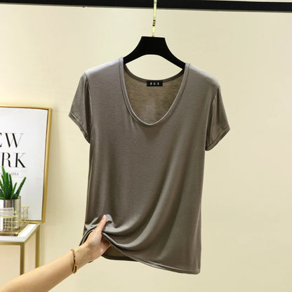 Women’s Plus Size U‑Neck Modal T‑Shirt (L–6XL) – Short Sleeve Solid Color Loose Tee