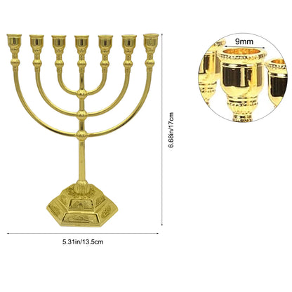 7‑Branch Menorah Candle Holder – Jerusalem Temple Design, 12 Tribes, Antique Hanukkah Stand (6.69”)