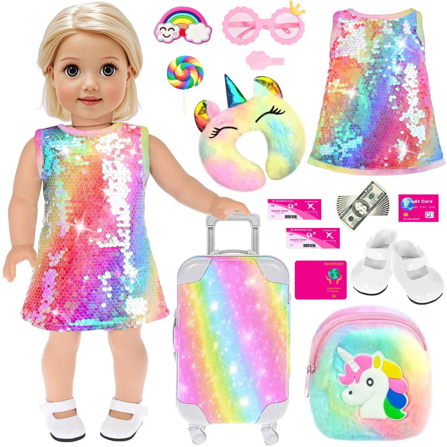 24‑Piece 18" Girl Doll Travel Playset – Clothes, Suitcase, Pillow, Handbag & Accessories (No Doll)