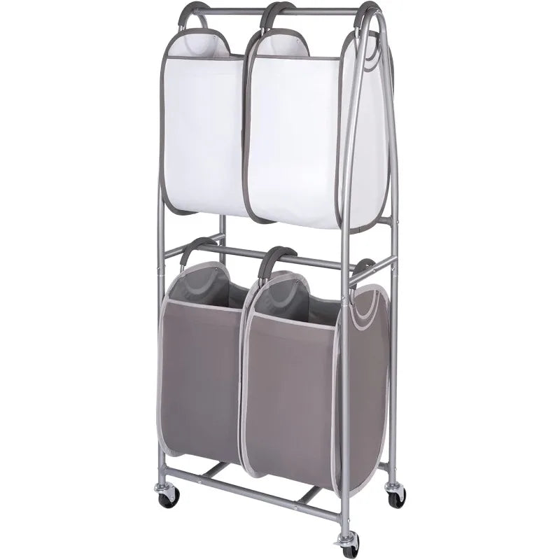 2 Tier Vertical Rolling Laundry Cart - Rolling Storage Cart On Wheels With 4 x Tote Hampers