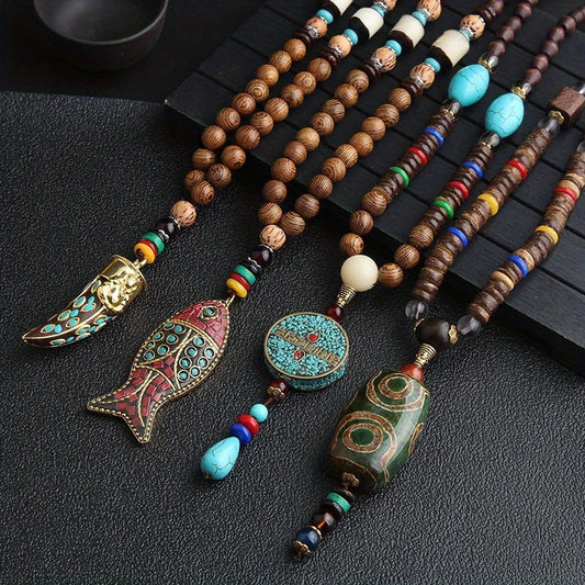 Vintage Handmade Necklace Nepal Buddhist Mala Wood Beads Pendant & Necklace Ethnic Fish Horn Long Statement Men Women's Jewelry
