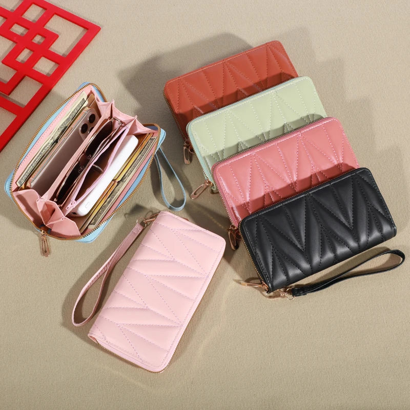 Fashion Quilted Long Wallet For Women, Zipper Around Clutch Coin Purse, Multi Card Slots Mobile Phone Bag