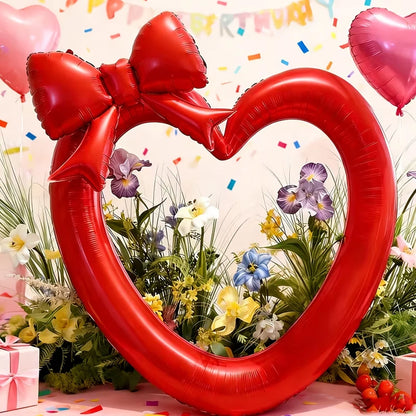 Pink Hollow Heart & Bow Foil Balloons for Birthday, Valentine’s Day & Shower Décor