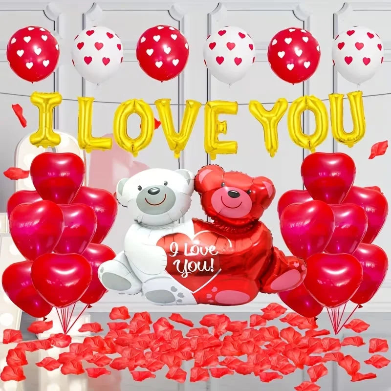 Valentine’s Day Foil Balloon Set – “I Love You” Letters, Hearts & Bear Romantic Party Decor