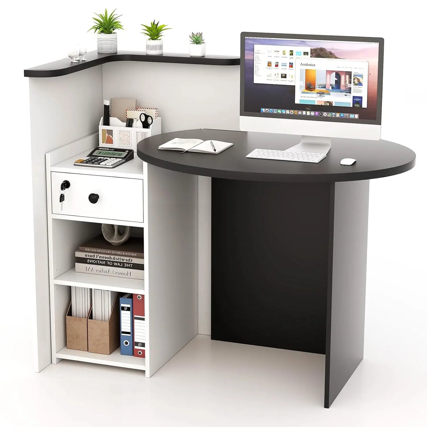 Reception Desk, Small Retail Checkout Counter with Lockable Drawer and Open Shelves, Wooden Computer Workstation, Customized