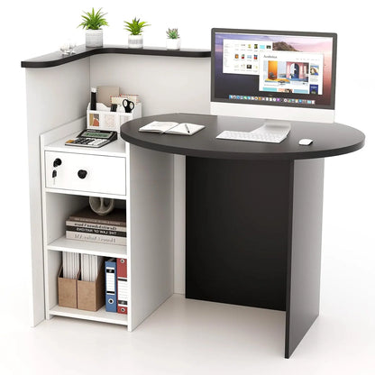 Reception Desk, Small Retail Checkout Counter with Lockable Drawer and Open Shelves, Wooden Computer Workstation, Customized