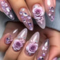 24Pcs False Full Cover Press on Nail Tips Purple Heart Almond  with Glue