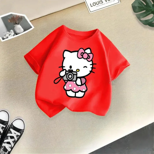 Sanrio Children's Summer Clothing Hello Kitty Creative Printed Doll Cotton T-shirt Comfortable Casual Top for Boys and Girls