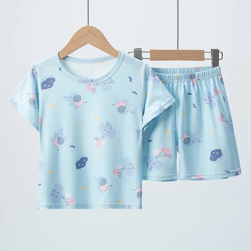 2 Pcs Children's Fun Printing Multicolor  Short Sleeve Shirt & Shorts Set