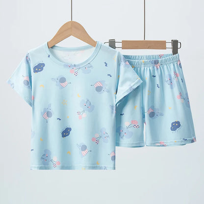 2 Pcs Children's Fun Printing Multicolor  Short Sleeve Shirt & Shorts Set