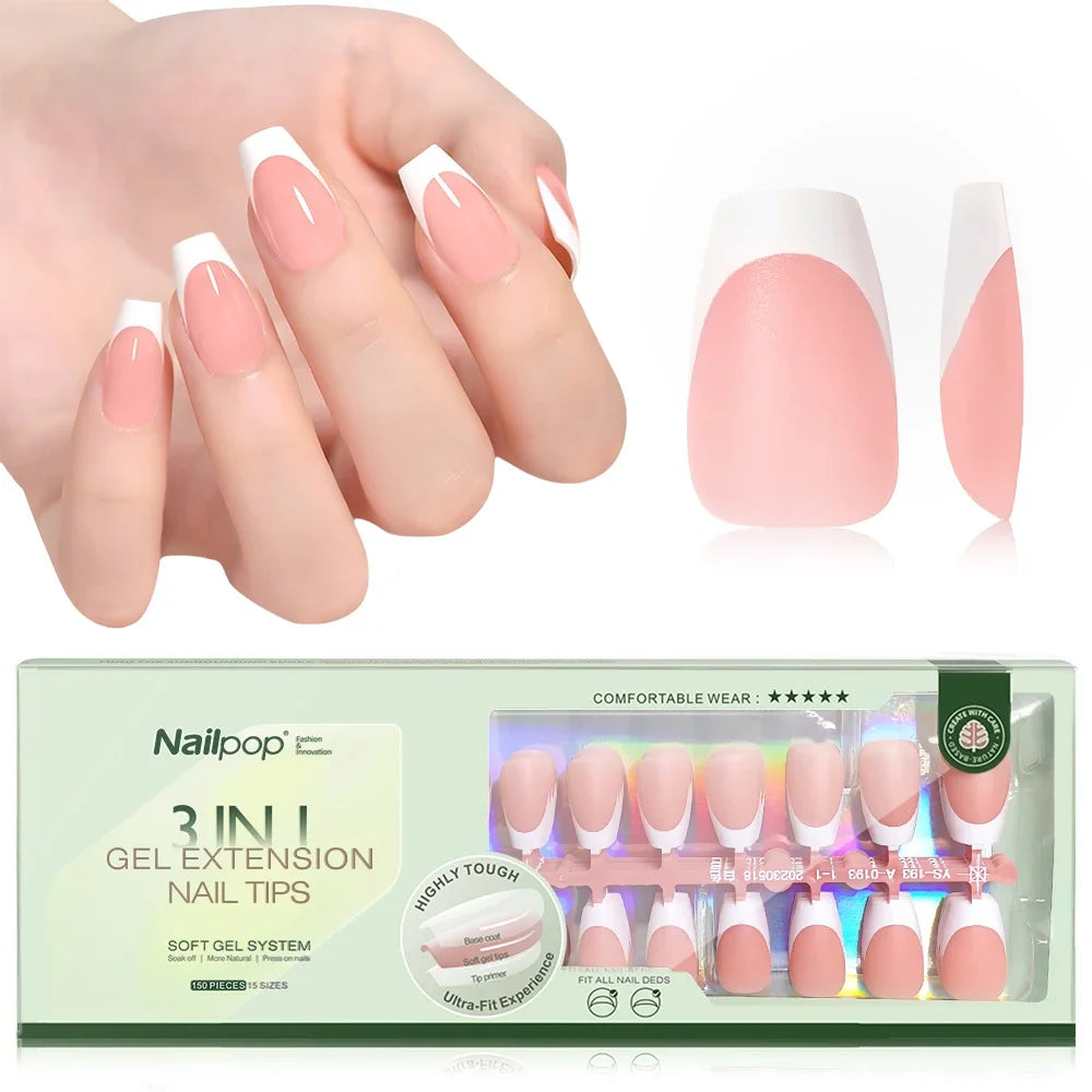150PCS Short Coffin Press on Nails 3 in 1 Coat Soft Gel Nail Tips French Tip 15 Sizes
