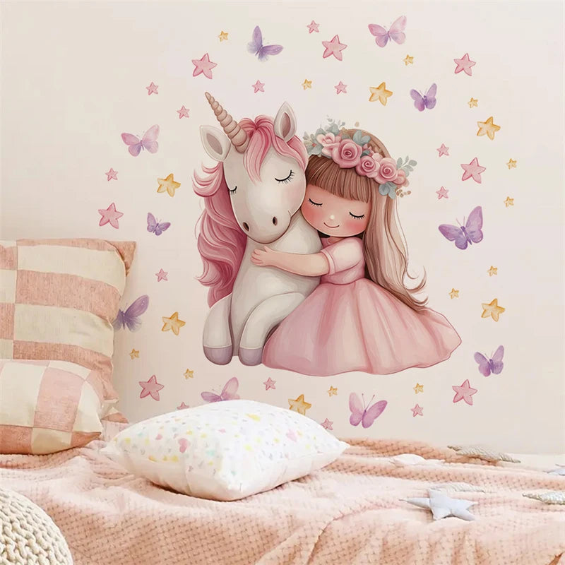 Cartoon Girl Unicorn Vinyl Child Wall Stickers for Baby Room Decoration Bedroom Accessories Furniture Decals Wall Art Room Decor