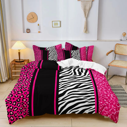 3pcs Duvet Cover Set in Red Leopard Print, Rose Red, and Black Zebra Stripe with Shiny Finish. Fashionable, Soft and Comfortable