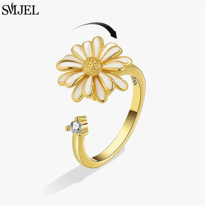 Korean Fashion Daisy Spinner Fidget Ring Multiple Style Sunflower Rose Snowflake Rotate Freely Anti Stress Anxiety Rings Wedding