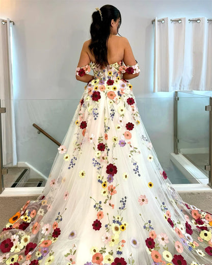 Cathy Off Shoulder 3D Flowers A-line Wedding Dress With Court Train vestidos de noiva Zip Back Customized Formal Evening 2025
