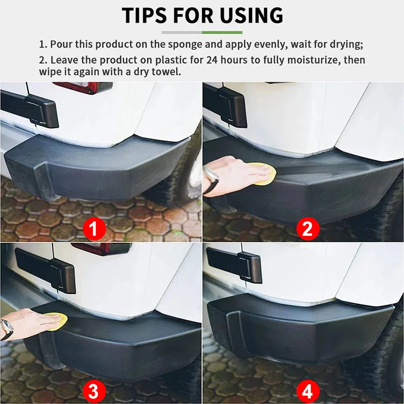 Car Plastic Restorer Coating Agent for Auto Plastic and Rubber Exterior Repair, Cleaning, Refreshing, and Restoration. Black Shine, Seal, and Brighten.