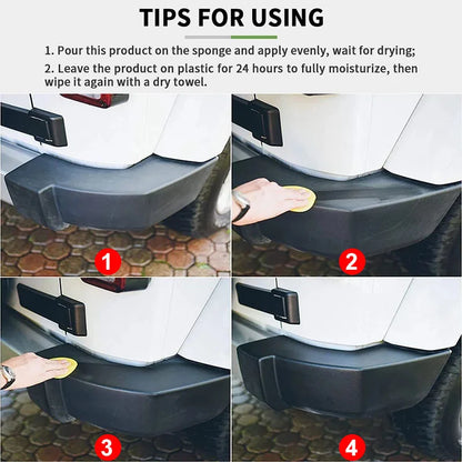 Car Plastic Restorer Coating Agent for Auto Plastic and Rubber Exterior Repair, Cleaning, Refreshing, and Restoration. Black Shine, Seal, and Brighten.