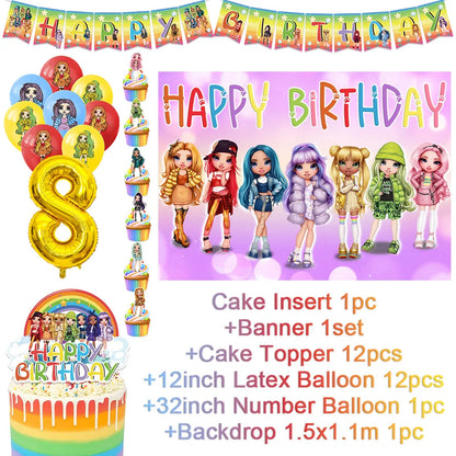 Cartoon Rainbow Doll High School Theme Background Birthday Party Decoration Supplies Disposable Cup Cutlery Balloon Baby Gift