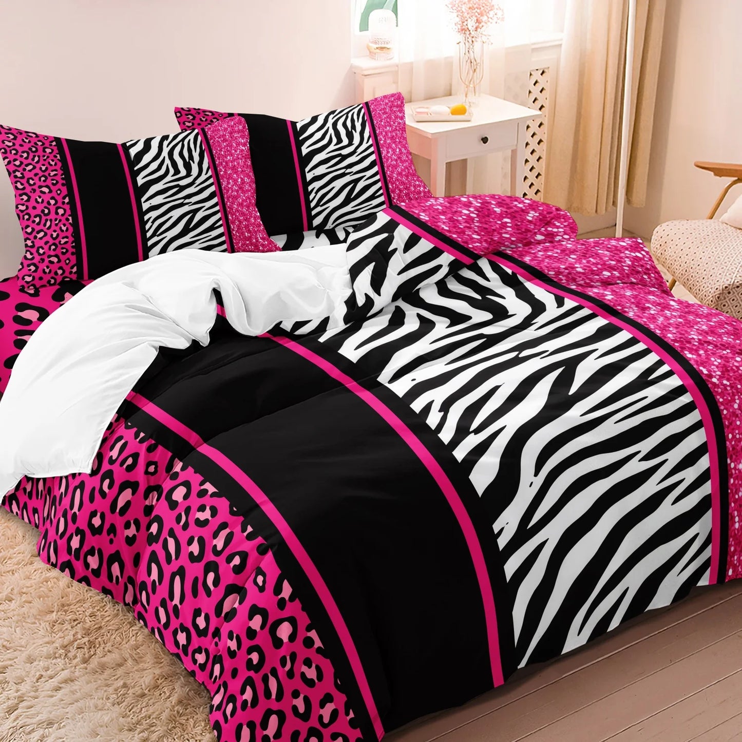 3pcs Duvet Cover Set in Red Leopard Print, Rose Red, and Black Zebra Stripe with Shiny Finish. Fashionable, Soft and Comfortable