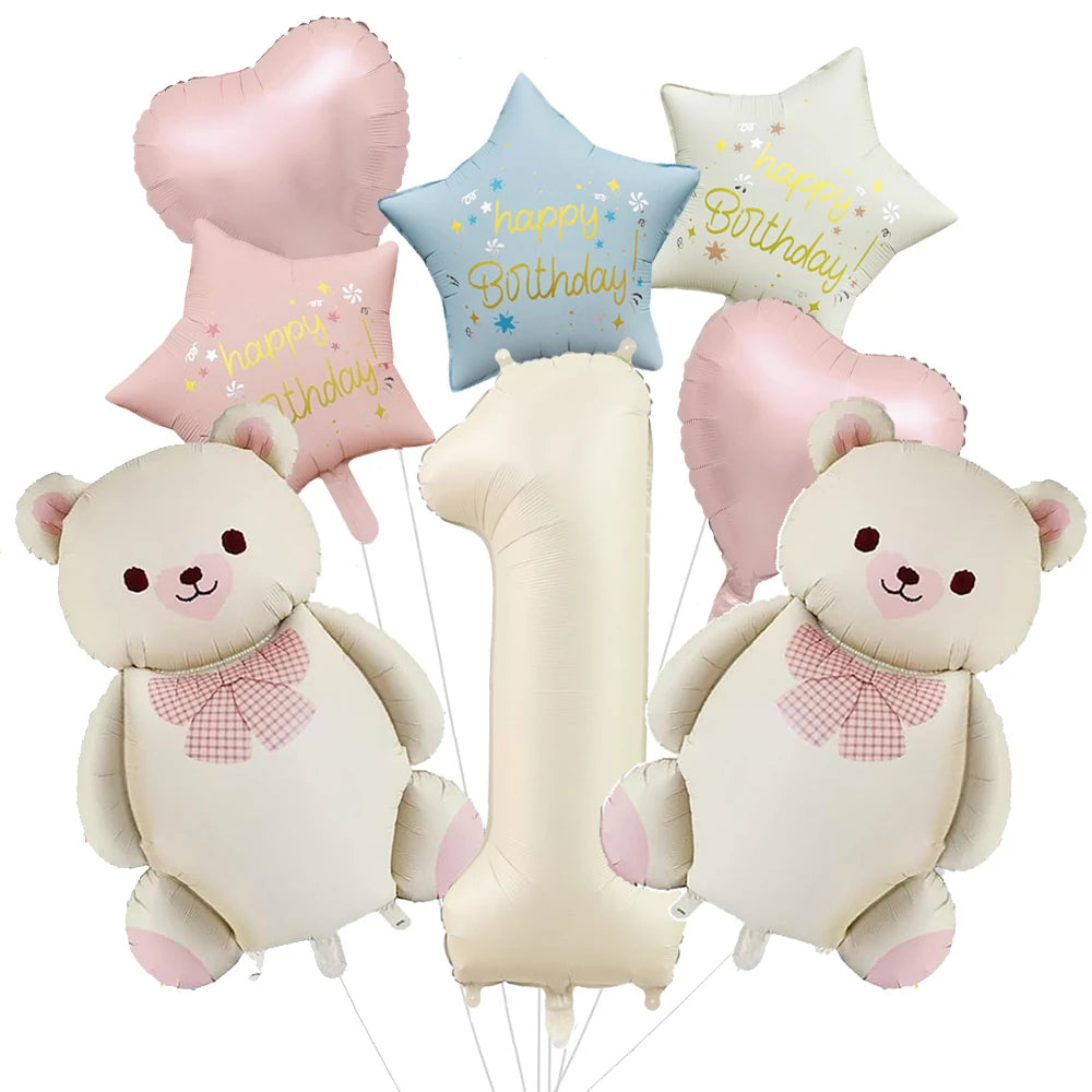Cute Teddy Bear Party Birthday Number Balloons Large Retro Brown Bear Foil Balloon Set 8 pcs Baby Shower Birthday Party Decor