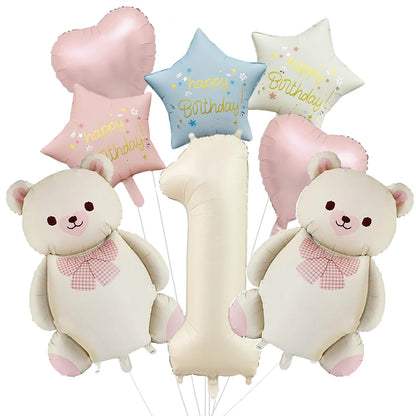 Cute Teddy Bear Party Birthday Number Balloons Large Retro Brown Bear Foil Balloon Set 8 pcs Baby Shower Birthday Party Decor