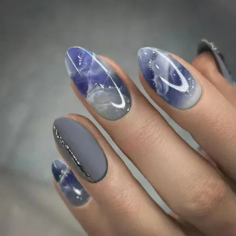 24Pcs False Full Cover Press on Nail Tips Purple Heart Almond  with Glue