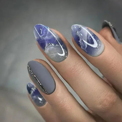 24Pcs False Full Cover Press on Nail Tips Purple Heart Almond  with Glue