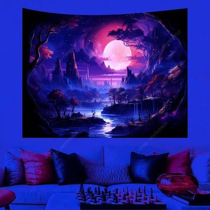 Galaxy Space Landscape UV Reactive Tapestry Trippy Planet Mountain River Neon Art Wall Tapestries for Bedroom Dorm Party Decor