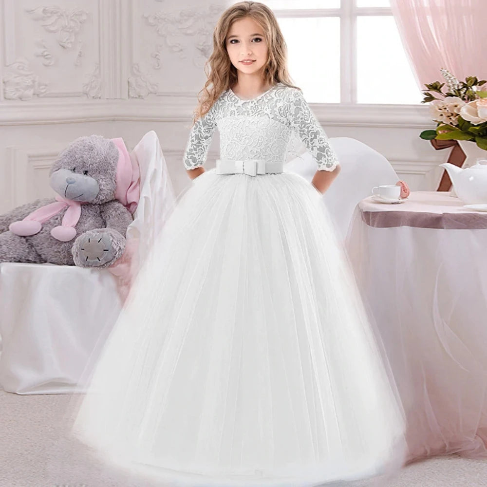 Girl's Elegant Tulle Bow Dress for Party Bridesmaid Wedding Ball Gown Princess First Communion Dress