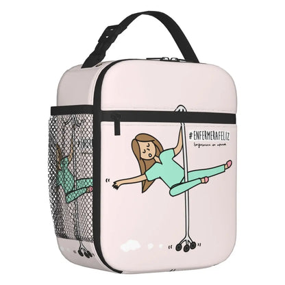Custom cartoon-printed lunch bag featuring ladies, nurses, and doctors. Thermal insulated, reusable, and multifunctional, perfect for kids' food bento boxes.
