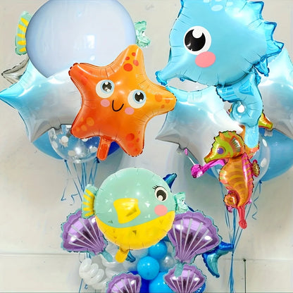 15pcs Ocean Animal Balloons Birthday Party Small Sea Horse Pufferfish Shell Starfish Fish Marine Balloon Sea Theme Party Decor