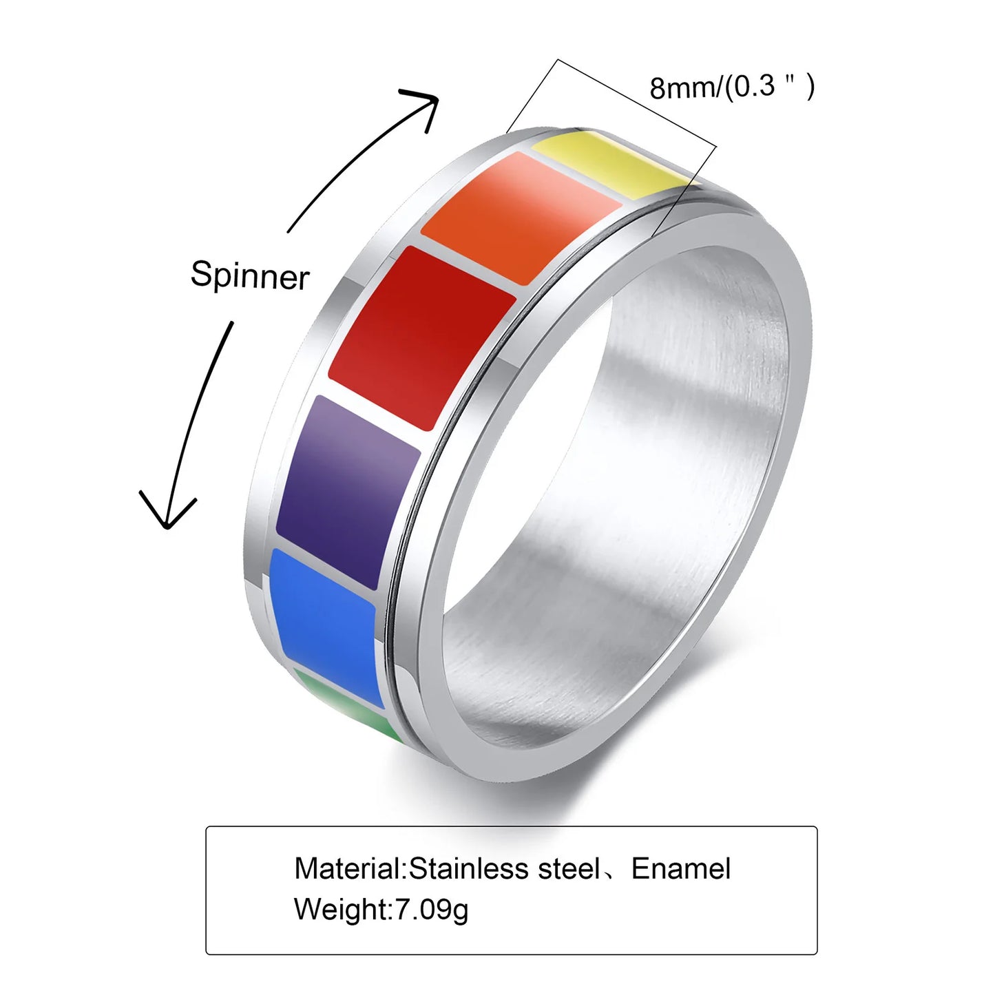 Vnox Rock Spinner Rainbow Color Wedding Rings for Men Women,Stainless Steel Metal 2 Layers Bands, 8MM Wide US Size,LGBTQ Jewelry