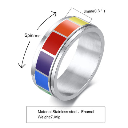 Vnox Rock Spinner Rainbow Color Wedding Rings for Men Women,Stainless Steel Metal 2 Layers Bands, 8MM Wide US Size,LGBTQ Jewelry