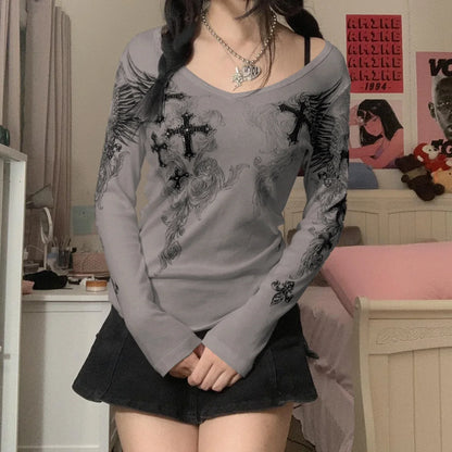 Graphic Long‑Sleeve Tee – Women’s Grunge Fairy Punk Harajuku 2000s Streetwear Top