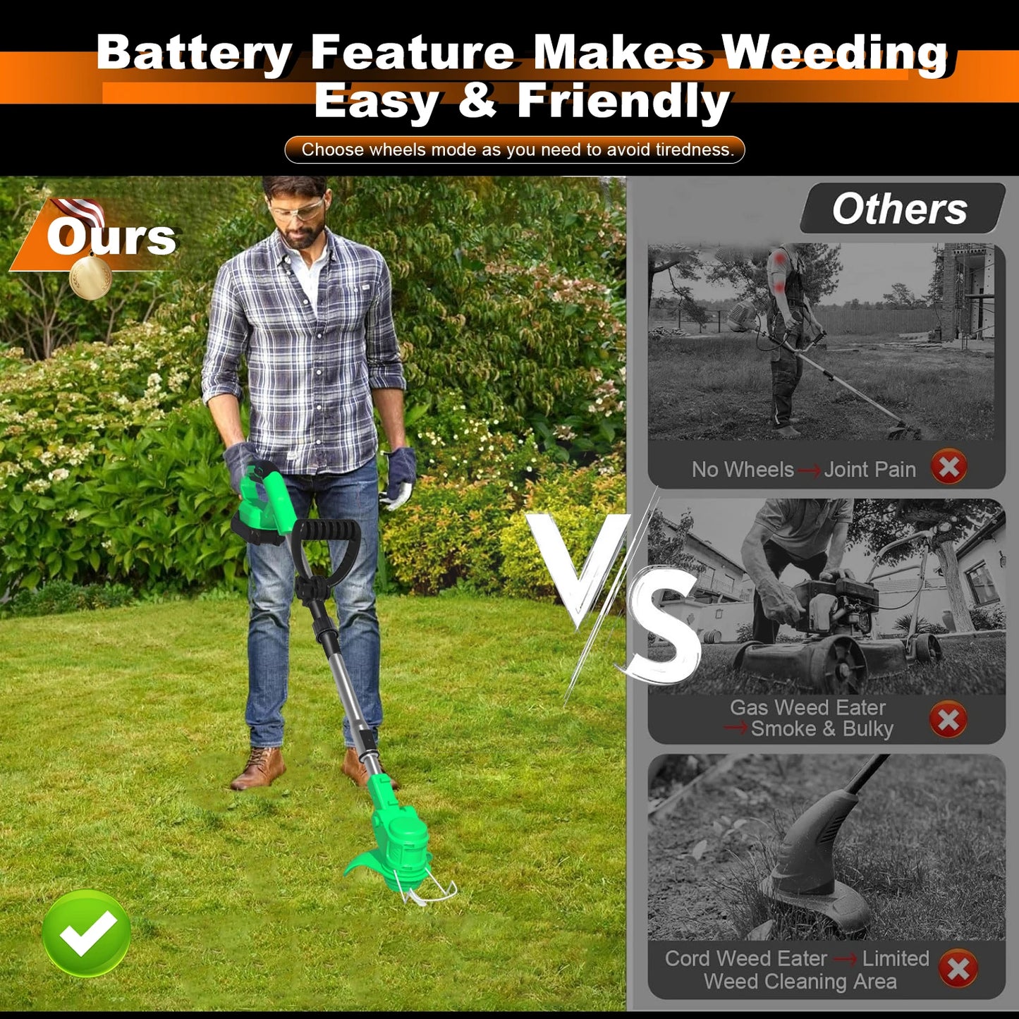 Tegatok Weed Wacker 20V battery powered, 4-in-1 household cordless electric weed killer, 2 2.0AH lithium-ion batteries.