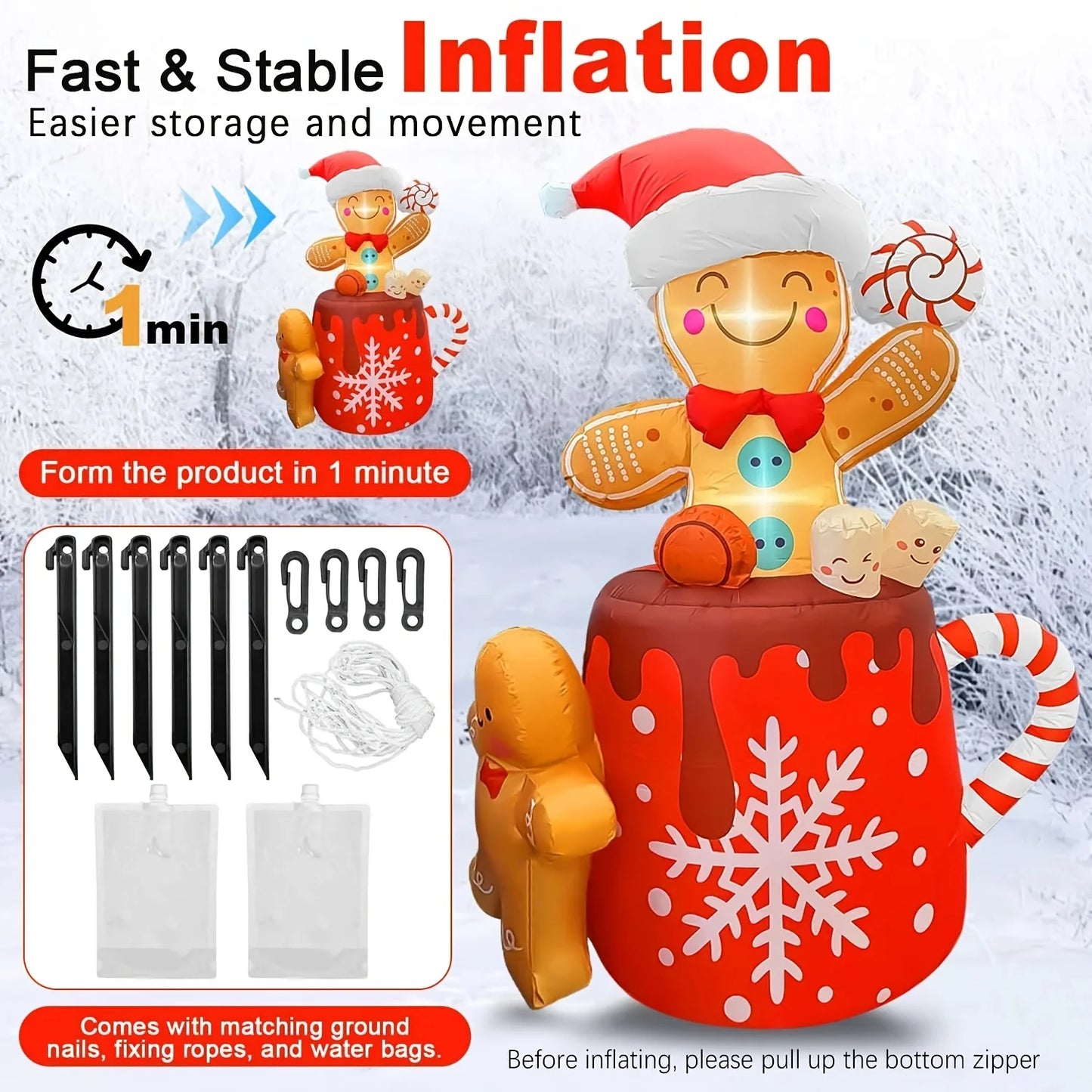 6FT Christmas Inflatable Gingerbread Man – Indoor/Outdoor Blow‑Up Yard Decoration for Lawn & Garden