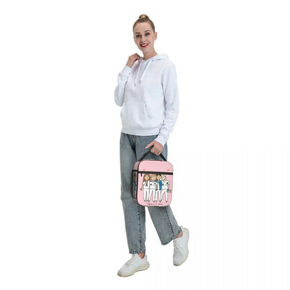 Custom cartoon-printed lunch bag featuring ladies, nurses, and doctors. Thermal insulated, reusable, and multifunctional, perfect for kids' food bento boxes.