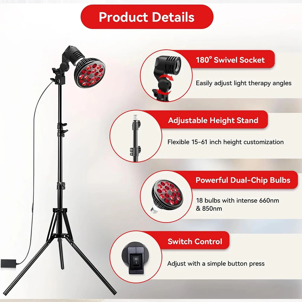 E27 LED Red 54W Light Therapy Lamp 660nm & 850nm Infrared Bulb with Floor Stand for Skin Care Pain Relief 360° Adjustable