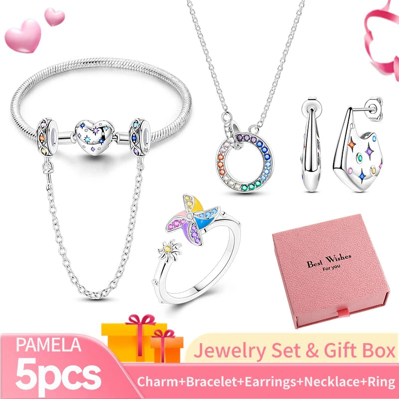 Pink Heart Bracelet Set 925 Silver Original Flower Ring Butterfly Earrings & Gift Box For Women Wedding Jewelry Best Wish 5pcs