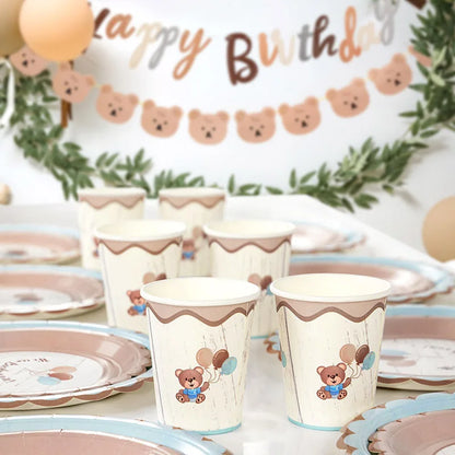 10Pcs Cute Bear Disposable Tableware Paper Plates Cups Gender Reveal Baby Shower Decoration Happy Birthday Party Supplies