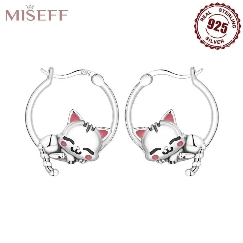925 Sterling Silver Hoop Earrings Simple Sleeping Cat Earrings For Engagement Wedding Party Birthday Jewelry Gift