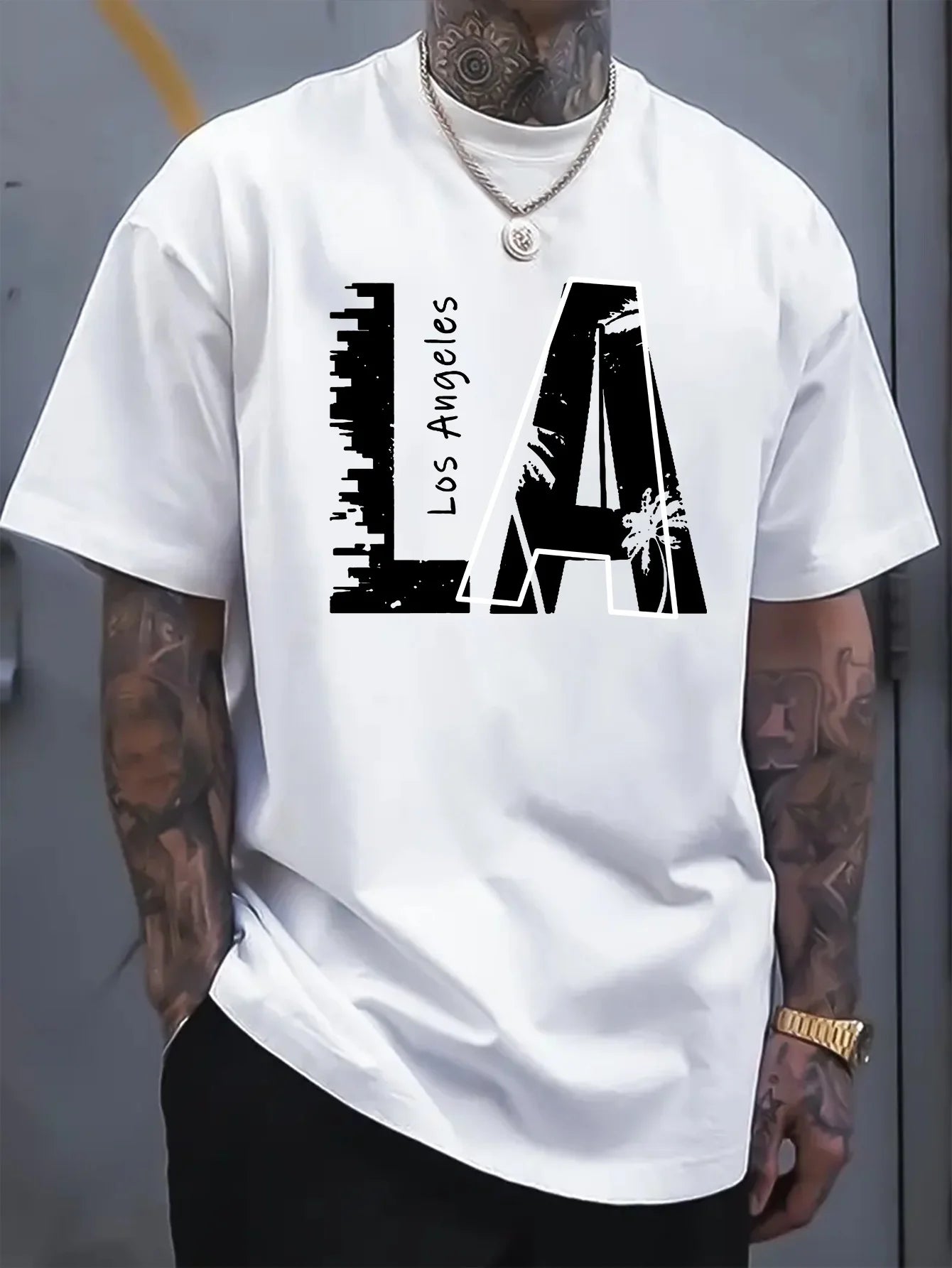 Men's summer 100 cotton fashionable casual loose plus size Los Angeles letter printed sports round neck short sleeved T-shirt