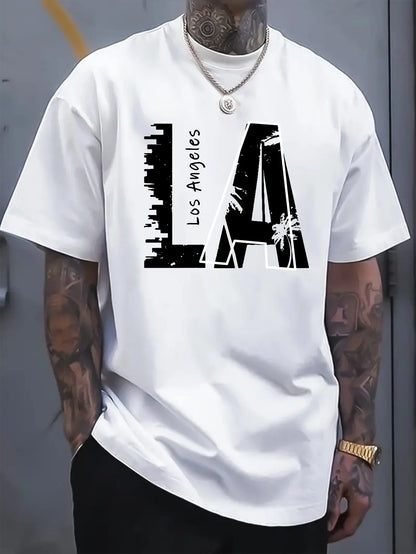 Men's summer 100 cotton fashionable casual loose plus size Los Angeles letter printed sports round neck short sleeved T-shirt