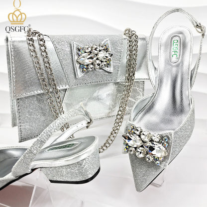 Italian-designed elegant evening shoes and bag set with African crystal accents, offering comfortable shoes and a spacious bag, perfect for commuters and women's fashion.