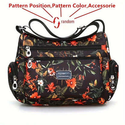 Floral Print Crossbody Bag, Trendy Nylon Shoulder Bag, Women's Multi Layer Messenger Bag For Travel