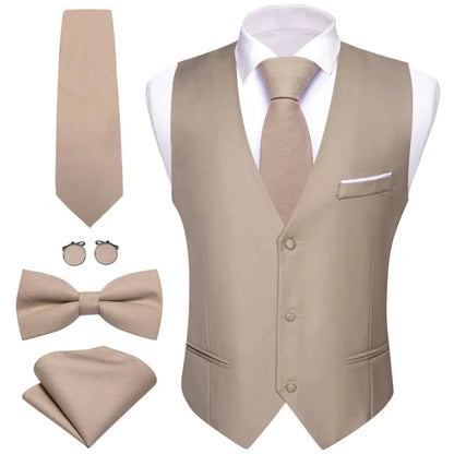 Designer Men's Vest Solid Silk Satin Waistcoat Tie Bowtie Hanky Set