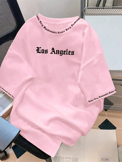 Men's Oversized Los Angeles Letter Print T-Shirt Polyester Summer Breathable Fabric Stylish Minimalist Short-Sleeve Design