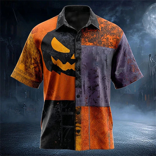 Fashionable Men's Halloween Casual Shirt with Pumpkin Patchwork Print Retro Short-sleeved Men's Lapel Single-breasted Party Top